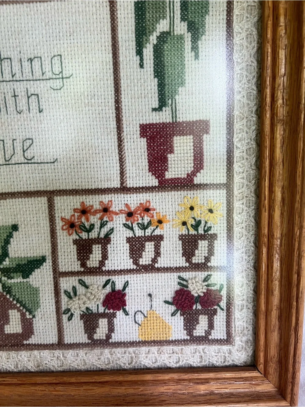Framed Floral Cross-Stitch Wall Art - Brown Frame, Multicolor